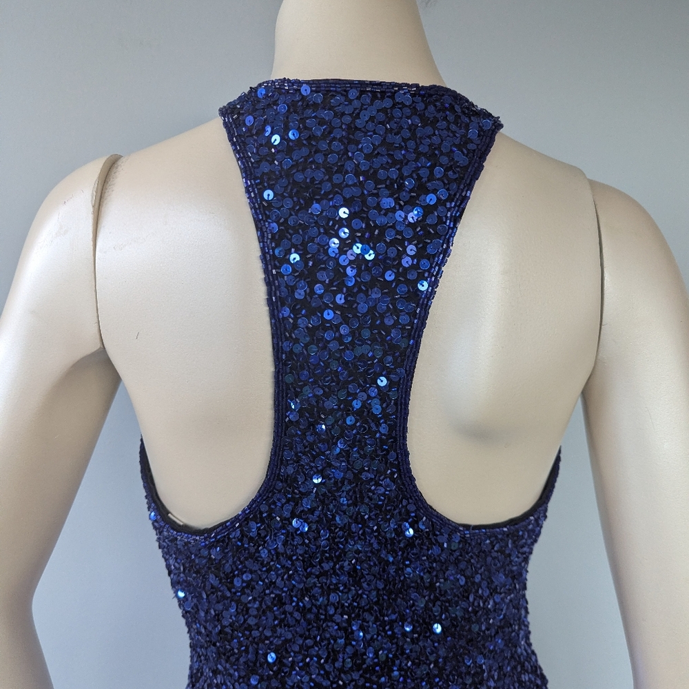 Vintage Oleg Cassini Neiman Marcus Blue Sequin Beaded Silk Cocktail Dress - Picture 12 of 12